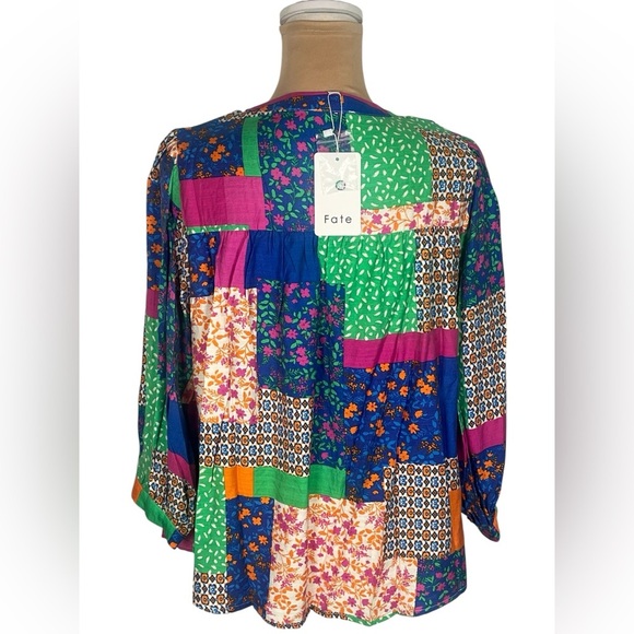 Fate Multicolor Patchwork Women's 3/4 Sleeve Top Size Medium NWT - Picture 5 of 13